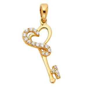 14k Solid Yellow Gold Heart Key Pendant Charm